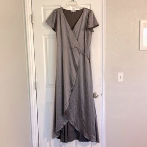 Worn once, Baltic Born Krystal satin wrap gown, charcoal.
